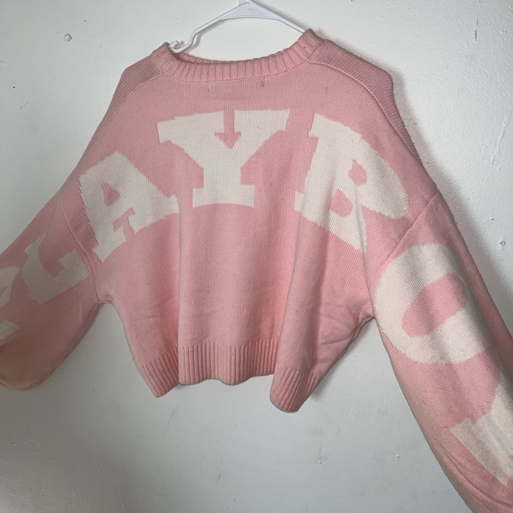 PLAYBOY Pink and White Cropped Crew Neck Sweater
